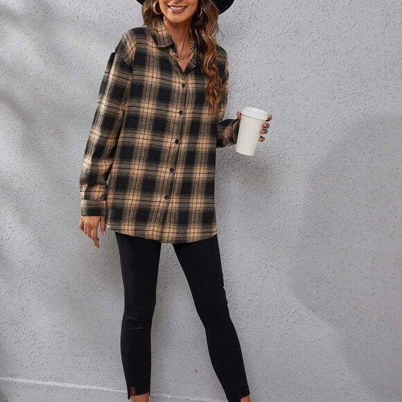 Khaki Casual Womens Plaid Print Drop Shoulder Shirt - Picture 4 of 5